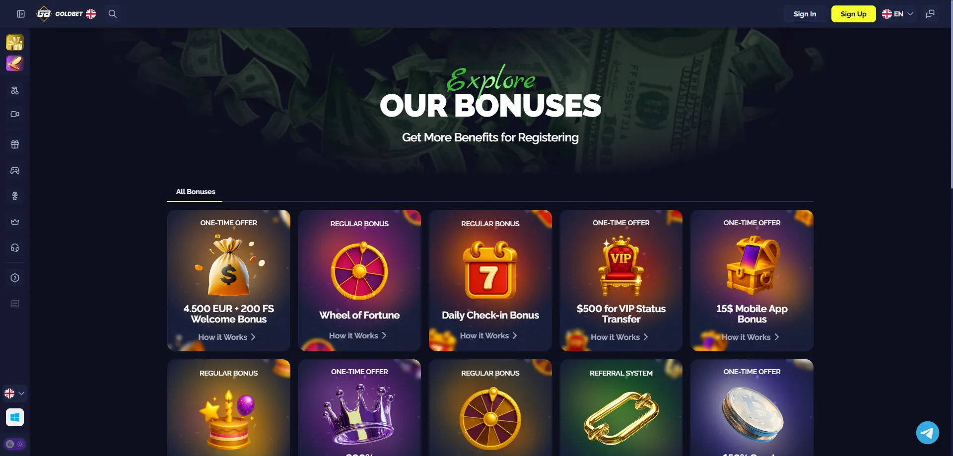 Bonus di benvenuto Goldbet.io — 100% + 400 Free Spins con codice BONUS200BETS
